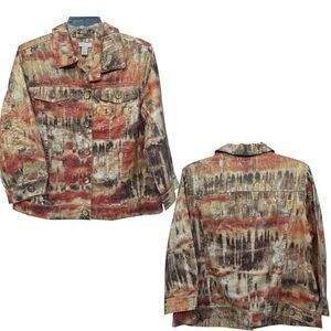 Chico’s 1 Medium Abstract Print Jacket Linen Cotton Blend Fall Colors